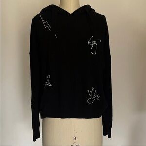 Aqua 100% Cashmere Black Graphic Hoodie Hippie Stitching Details!